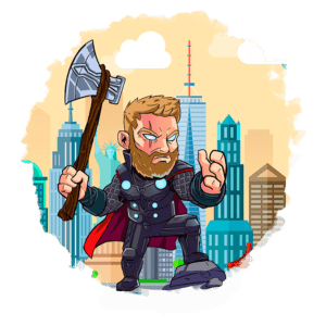 Personagem de estilo cartoon com cabelo loiro e barba, vestindo uma armadura e capa vermelha, segurando um machado em uma mão, em frente a um cenário urbano com arranha-céus.