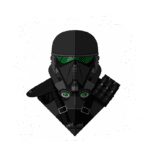 Ilustração de um soldado com capacete preto e visor verde, equipado com um colete tático e granadas, representando um personagem de ficção militar.
