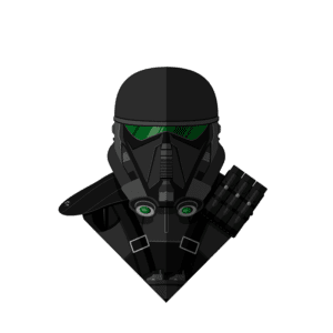 Ilustração de um soldado com capacete preto e visor verde, equipado com um colete tático e granadas, representando um personagem de ficção militar.