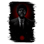 Retrato estilizado de um homem com cabelo afro, usando um terno preto e gravata, com um fundo vermelho vibrante, evocando uma atmosfera intensa e dramática.