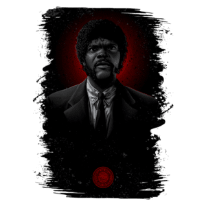 Retrato estilizado de um homem com cabelo afro, usando um terno preto e gravata, com um fundo vermelho vibrante, evocando uma atmosfera intensa e dramática.