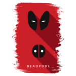 Imagem estilizada do personagem Deadpool com fundo vermelho, destacando máscaras icônicas e o nome "DEADPOOL" na parte inferior.