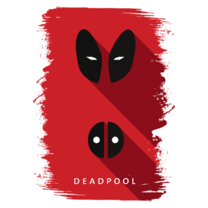 Imagem estilizada do personagem Deadpool com fundo vermelho, destacando máscaras icônicas e o nome "DEADPOOL" na parte inferior.