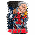 Imagem de personagens de quadrinhos: Deadpool, Cable e uma mulher com cabelo azul, todos em estilo de arte animada. O fundo apresenta elementos que remetem ao universo dos quadrinhos. Abaixo, o nome "DEADPOOL" em letras grandes e destacadas.