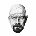 Retrato digital em preto e branco de um homem calvo com óculos, retratando uma expressão intensa e determinada. O fundo é composto por pinceladas brancas que contrastam com a imagem central, destacando os detalhes faciais e a barba do personagem. Ideal para temas relacionados a séries, personagens icônicos ou arte digital.
