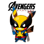 Imagem de um personagem em estilo chibi, inspirado no Wolverine, vestindo um traje azul e amarelo, com garras expostas, em frente ao logotipo de "Avengers: Endgame" da Marvel.