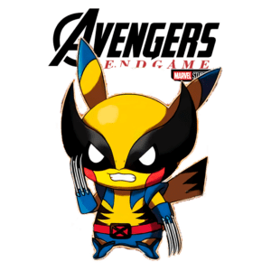Imagem de um personagem em estilo chibi, inspirado no Wolverine, vestindo um traje azul e amarelo, com garras expostas, em frente ao logotipo de "Avengers: Endgame" da Marvel.
