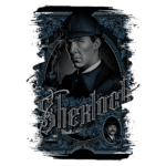 Ilustração artística de Sherlock Holmes, retratado com um chapéu de detetive e expressão intensa, rodeado por elementos decorativos em azul e preto. O design inclui o nome "Sherlock" em destaque e um retrato menor de outro personagem, evocando o tema de mistério e investigação. Ideal para fãs de literatura e cultura pop.