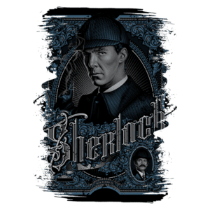 Ilustração artística de Sherlock Holmes, retratado com um chapéu de detetive e expressão intensa, rodeado por elementos decorativos em azul e preto. O design inclui o nome "Sherlock" em destaque e um retrato menor de outro personagem, evocando o tema de mistério e investigação. Ideal para fãs de literatura e cultura pop.