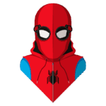 Imagem estilizada de um personagem com capuz vermelho e azul, destacando uma máscara com lentes brancas e símbolo de aranha no peito, inspirada em super-heróis.