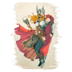 Ilustração de uma personagem feminina inspirada no Thor, com um capacete de asas, capa vermelha e um martelo em mãos, vestindo armadura e roupas de combate.