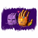 Imagem divertida de personagens animados representando Thanos e a Manopla do Infinito, com expressões cômicas e corações flutuando, em um fundo roxo.