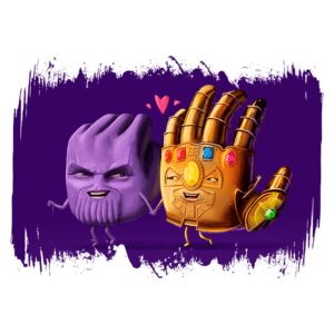 Imagem divertida de personagens animados representando Thanos e a Manopla do Infinito, com expressões cômicas e corações flutuando, em um fundo roxo.