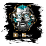 Ilustração de um crânio estilizado com óculos, cabelo azul e barba, rodeado por elementos científicos como frascos e cristais, com o texto "I AM THE DANGER I AM...HEISENBERG" em destaque. Design gráfico moderno e impactante, evocando temas de química e personalidade. Ideal para fãs de séries ou cultura pop.