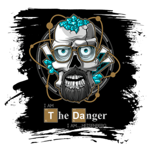Ilustração de um crânio estilizado com óculos, cabelo azul e barba, rodeado por elementos científicos como frascos e cristais, com o texto "I AM THE DANGER I AM...HEISENBERG" em destaque. Design gráfico moderno e impactante, evocando temas de química e personalidade. Ideal para fãs de séries ou cultura pop.