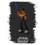 Personagem de Star Wars: O Despertar da Força, segurando um sabre de luz azul, vestido com uma jaqueta marrom e calças escuras, em um estilo de animação.