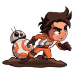 Ilustração de um personagem infantil correndo em um cenário de aventura espacial, vestido com um traje laranja e acompanhado por um droide BB-8.