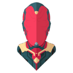 Ilustração digital do super-herói com traje vermelho e azul, apresentando um design estilizado da cabeça e parte do peito, destacando detalhes de armadura e um formato icônico.