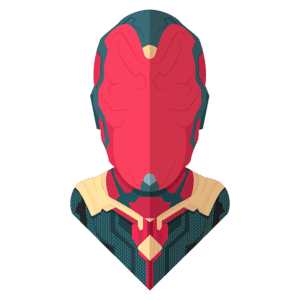 Ilustração digital do super-herói com traje vermelho e azul, apresentando um design estilizado da cabeça e parte do peito, destacando detalhes de armadura e um formato icônico.