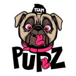 Ilustração de um pug estilizado com língua de fora, usando um boné com a palavra "TEAM". O fundo é verde e a palavra "PUPZ" em letras grandes e ousadas está destacada. Ideal para conteúdo sobre cães e cultura pet.
