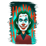 Ilustração do Coringa, personagem icônico de quadrinhos, com maquiagem característica e cabelo verde. O fundo apresenta a palavra "HA HA HA" em destaque, adicionando um toque divertido e sombrio à imagem.