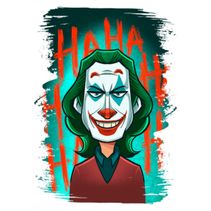 Ilustração do Coringa, personagem icônico de quadrinhos, com maquiagem característica e cabelo verde. O fundo apresenta a palavra "HA HA HA" em destaque, adicionando um toque divertido e sombrio à imagem.
