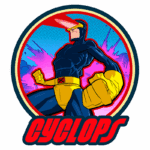 Imagem estilizada do super-herói Ciclope, com traje azul e detalhes amarelos, exibindo seus poderes. O fundo apresenta explosões coloridas, destacando sua presença dinâmica.