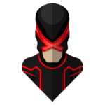 Ilustração de um personagem com traje preto e detalhes vermelhos, visto de cima, destacando a máscara e o design estilizado.