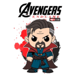 Ilustração do personagem Doutor Estranho em um estilo chibi, inspirado em "Avengers: Endgame", com fundo em cores vivas e o logo dos Vingadores na parte superior.