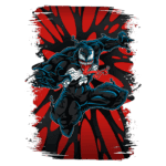 Ilustração do personagem Venom, famoso anti-herói da Marvel, em uma pose dinâmica, com fundo vermelho e preto. Ele exibe seus dentes afiados e língua longa, vestindo seu traje preto característico com detalhes em branco.