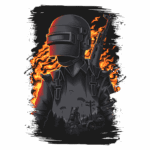 Ilustração de personagem militar com capacete e rifle, envolto em chamas laranja, com um fundo de floresta e elementos de sobrevivência em uma atmosfera intensa de ação.