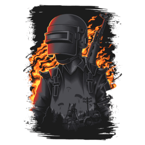 Ilustração de personagem militar com capacete e rifle, envolto em chamas laranja, com um fundo de floresta e elementos de sobrevivência em uma atmosfera intensa de ação.