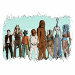 Ilustração de personagens icônicos da saga Star Wars, incluindo Han Solo, Chewbacca, e diversas espécies alienígenas, posicionados em um cenário futurista.