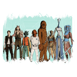 Ilustração de personagens icônicos da saga Star Wars, incluindo Han Solo, Chewbacca, e diversas espécies alienígenas, posicionados em um cenário futurista.