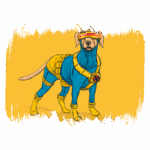Ilustração de um cachorro vestido como um super-herói, com um traje azul e amarelo, fazendo referência a personagens de quadrinhos. O fundo é amarelo com detalhes artísticos.