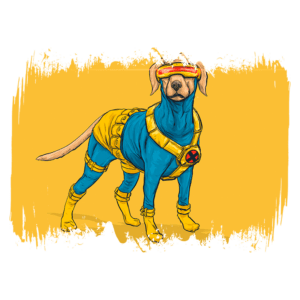 Ilustração de um cachorro vestido como um super-herói, com um traje azul e amarelo, fazendo referência a personagens de quadrinhos. O fundo é amarelo com detalhes artísticos.