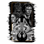 Ilustração em estilo poligonal de personagens icônicos de Star Wars, incluindo Chewbacca, Leia Organa e Han Solo, com a nave Millennium Falcon ao fundo e o símbolo da Aliança Rebelde. Ideal para fãs de arte geek e cultura pop.