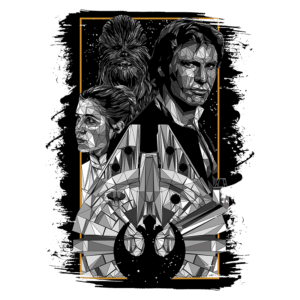 Ilustração em estilo poligonal de personagens icônicos de Star Wars, incluindo Chewbacca, Leia Organa e Han Solo, com a nave Millennium Falcon ao fundo e o símbolo da Aliança Rebelde. Ideal para fãs de arte geek e cultura pop.