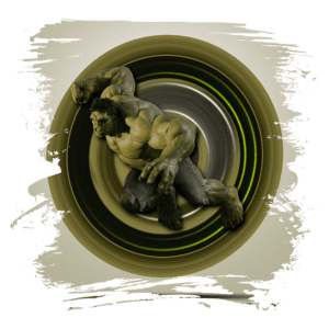 Hulk em movimento dinâmico, representado em uma imagem vibrante com um fundo circular que destaca sua força e agilidade. A arte captura a essência do personagem icônico da Marvel, destacando seus músculos e expressões intensas.