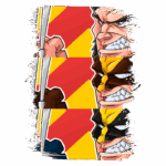 Ilustração em estilo quadrinhos mostrando três personagens com expressões intensas, segurando objetos e prontos para a ação, em um fundo vibrante com listras vermelhas e amarelas. A imagem destaca características de determinação e força, ideal para fãs de super-heróis.