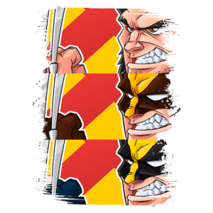 Ilustração em estilo quadrinhos mostrando três personagens com expressões intensas, segurando objetos e prontos para a ação, em um fundo vibrante com listras vermelhas e amarelas. A imagem destaca características de determinação e força, ideal para fãs de super-heróis.