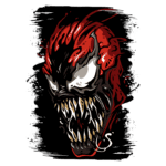 Ilustração de uma cabeça de criatura monstruosa, com detalhes em vermelho e preto, dentes afiados e olhos expressivos, evocando um estilo de arte de quadrinhos sombrios.