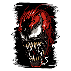 Ilustração de uma cabeça de criatura monstruosa, com detalhes em vermelho e preto, dentes afiados e olhos expressivos, evocando um estilo de arte de quadrinhos sombrios.