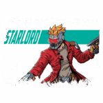 Ilustração do personagem Starlord, vestido com uma jaqueta vermelha e máscara, segurando uma pistola. O fundo apresenta a palavra "STARLORD" em destaque.