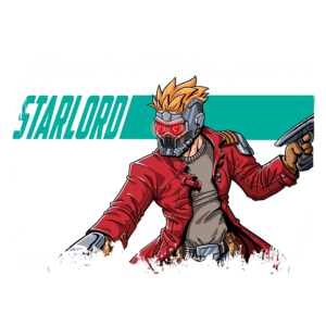 Ilustração do personagem Starlord, vestido com uma jaqueta vermelha e máscara, segurando uma pistola. O fundo apresenta a palavra "STARLORD" em destaque.