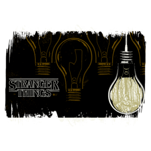 Imagem ilustrativa do logo de "Stranger Things" com lâmpadas acesas em um fundo escuro, destacando uma lâmpada que contém uma cena de floresta e um personagem sentado, evocando a atmosfera de mistério e aventura da série.