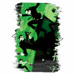 Ilustração estilizada inspirada em "Matrix", com personagens em ação em um fundo verde, incluindo elementos como armas e um veículo futurista.