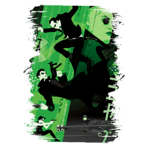 Ilustração estilizada inspirada em "Matrix", com personagens em ação em um fundo verde, incluindo elementos como armas e um veículo futurista.