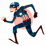 Ilustração de um super-herói correndo, vestido com um traje azul com rayas vermelhas e uma estrela branca no peito, simbolizando coragem e determinação. O fundo pink destaca a ação e dinamismo da cena.