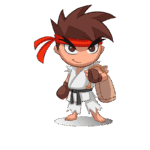 Personagem infantil em estilo caricato, vestido com um kimono branco e faixa vermelha na cabeça, segurando uma sacola e mostrando um sorriso confiante, ideal para temas de artes marciais.